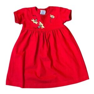 Vintage Kelly’s Kids Red Dress 18M Bee Embroidery Short Sleeve Cotton Blend 90s